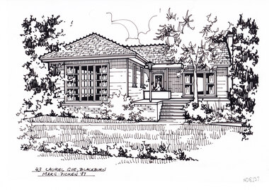 A black and white line drawing of a single story weatherboard house. In the foreground is a front lawn with a path running horizontally across the grass, and leading to a set of steps up to the houses porch. To the left of these steps is a garden bed with a ornamental tree and on the porch there is a street lamp.