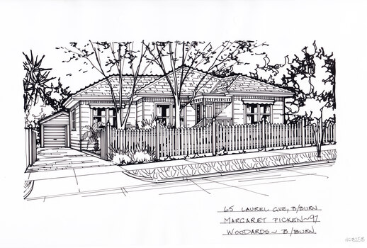 A black and white line drawing of a single story weatherboard house. On the left is a driveway leading to a separate garage in the backyard in the background. In the foreground in a front lawn with a few trees including a large gum tree near the driveway, with surrounding.