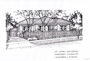 A black and white line drawing of a single story weatherboard house. On the left is a driveway leading to a separate garage in the backyard in the background. In the foreground in a front lawn with a few trees including a large gum tree near the driveway, with surrounding.
