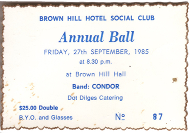 Photograph - Colour, Invitation to the Brown Hill Hotel Social Club Ball, 1985