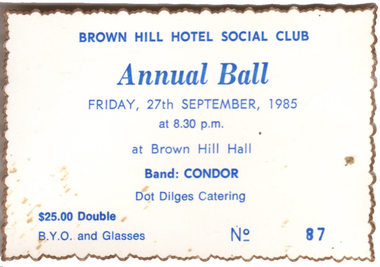 Photograph - Colour, Invitation to the Brown Hill Hotel Social Club Ball, 1985, 1985