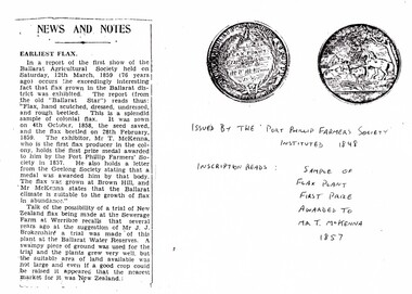 Newsclipping, Image if medallion for flax at Brown Hill, 1857, c1857