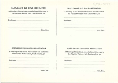 Meeting Card, Old Castlemaine School Girls Association, Circa 1980