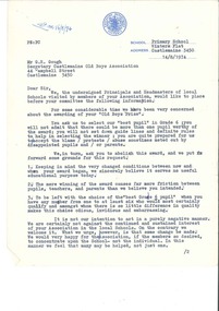 Letter, Old boys Prize letter from Primary Schools to Cancel Award