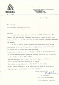 Letter, Invitation to 125th Anniversary of Winters Flat Primary School