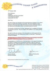 Letter, Thankyou Castlemaine Steiner School