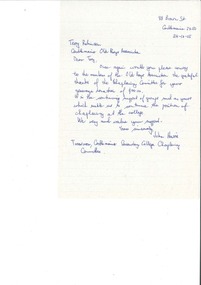 Letter, Thankyou from Castlemaine Chapliancy Committee