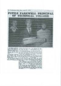 Newspaper Clipping, Pupils Farewell Principal of Technical College, 21 June 1973