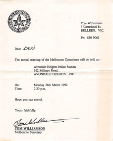 Letter, Melbourne Committee Meeting Invitation 16 March 1992, 16 March 1992