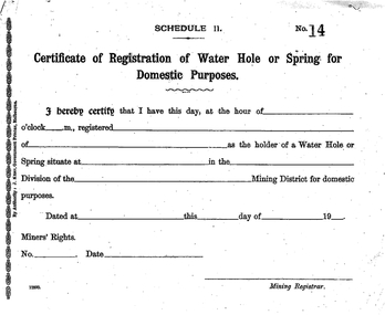 Document, Certificate of Registration of Water Hole or Spring for Domestic Purposes