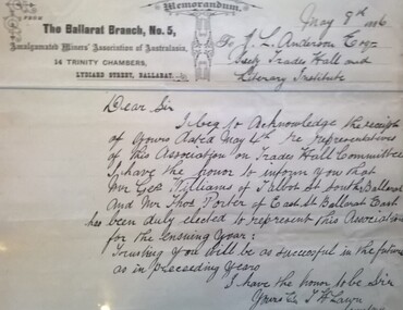General incoming correspondence of the Ballarat Trades and Labour Council, 1884-1923; 1925; 1931; 1937; 1938; 1949-1950; 1952-1955