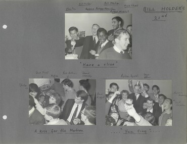 Page from photograph album titled "Bill Holder's 21st" showing three photographs of students and the matron of International House.
