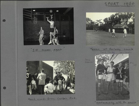 Four photographs of International House residents participating basketball, tennis and football.