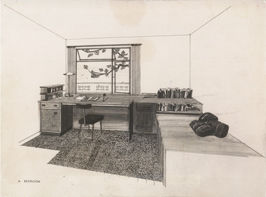 Drawing (Item) - Drawing of a student bedroom, c. 1956