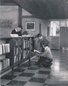 Two male students look at a book in front of a low bookshelf, while another male student reads leaning on the shelf