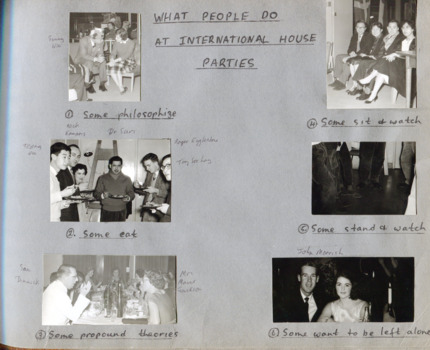 Six photos pasted on a page, displaying various groups of people talking and posing during social events