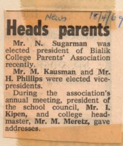 Article (item) - "Heads Parents", The Jewish News, 18 April 1969, 1969