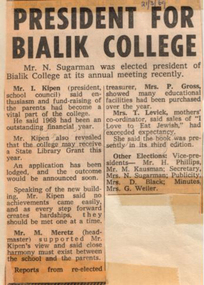 Article (item) - 'President for Bialik College', 21 March 1969, 1969