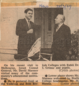 Article (item) - Israel Consul General Mr David Marmor, The News, 28 March 1969, 1969