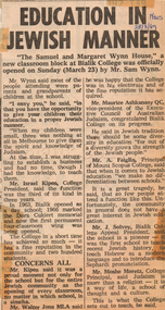 Article (Item) - "Education In Jewish Manner", The News, 28 March 1969, 1969
