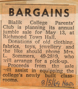 Newspaper Clipping, "Bargains", The News, 8 May 1969, 1969