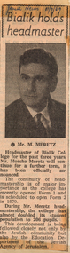 Article, "Bialik Holds Headmaster", The Jewish News, 11 July 1969, 1969