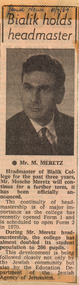 Article (item) - "Bialik Holds Headmaster", The Jewish News, 11 July 1969, 1969