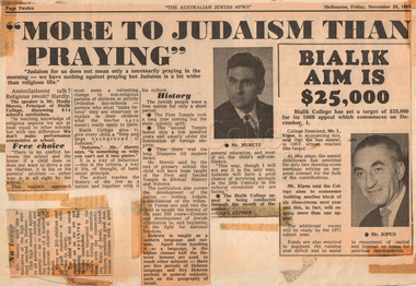 Newspaper Article, 'More To Judaism Than Just Praying', The Australian Jewish News, 28 November 1969, 1969