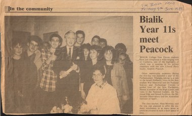 Newspaper (item) - 'Bialik Year 11s Meet Peacock', The Jewish News, 9 June 1989, 1989