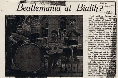 Newspaper article, 'Beatlemania at Bialik?', Jewish Herald, 21 August 1964, 1964