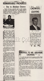 Newspaper article, 'Remarkable Progress - Due to Abraham Chowers', The Herald, 1966