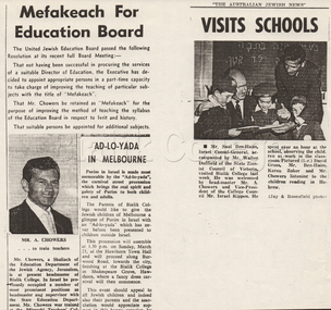 Newspaper Clipping, 'Visits Schools', The Australian Jewish News, 1960s