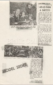 Newspaper articles, 'Ad-lo-yada A Success', Australian Jewish Herald, 1965; 'Model Seder', The Australian Jewish Herald, 9 April 1965, 1965