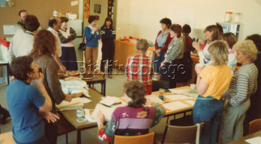 Photograph, Farewell to office staff member, Auburn Road campus, c. 1980s