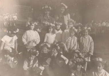 Photograph - Students wearing flower garlands to celebrate Shavuot, c. 1960s-1970s, c. 1960s-1970s