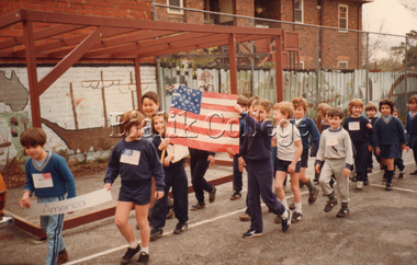 Photograph, Student activity with flags, Shakespeare Grove, c. 1970s-1980s, c. 1970s-1980s