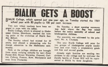 Article (item) - 'Bialik Gets a Boost', The Herald, 7 February 1964