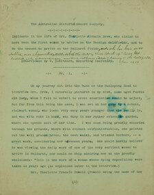 Australian Historical Record Society papers, Incidents in the Life of Mrs Charlotte Francis Drew, interviewed by W. Coulthard, AHRS interviewing secretary