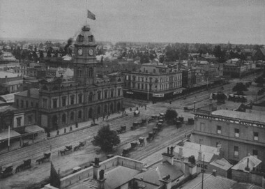 Photograph, View from the Post Office Tower of the Town Hall and Cab Rank, Sturt Street Ballarat circa 1890s