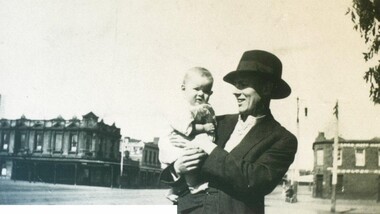 Photograph - Card Box Photographs, Ernest Stephenson holding his baby son, Ballarat circa 1930