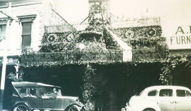 Photograph - Card Box Photographs, Decorated shopfront for the Ballarat Centenary Celebrations 1938