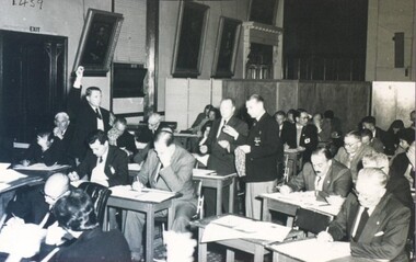 Photograph - Card Box Photographs, A draw for a Olympic Rowing or Canoeing event being conducted at the Ballarat Town Hall