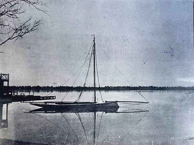 Photograph - Card Box Photographs, Yacht with sails down on a calm Lake Wendouree