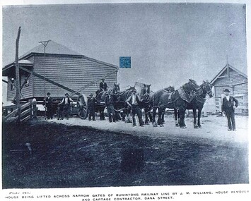 Postcard - Card Box Photographs, House Being Lifted Across Narrow Gates of Buninyong Railway Line By J.M. Williams, House Removal and Cartage Contractor, Dana Street