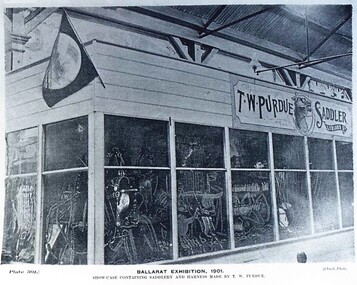 Postcard - Card Box Photographs, Ballarat Exhibition, 1901.  Show-Case Containing Saddlery and Harness Made by T.W. Purdue