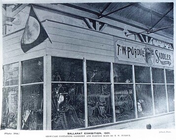 Postcard - Card Box Photographs, Ballarat Exhibition, 1901.  Show-Case Containing Saddlery and Harness Made by T.W. Purdue