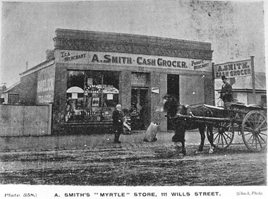 Postcard - Card Box Photographs, A. Smith's "Myrtle" Store, 111 Wills Street & "No. 2" Store, 155 Sturt Street.  Ballarat