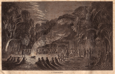 Aborigines dance at night around a campfire