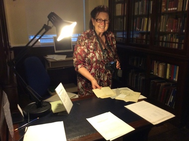 Digital photograph, Dorothy Wickham Researching at Freemason's Library London