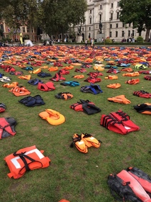 Digital photograph, Life jackets on lawn square outside Westminster Abbey, 2016, Monday 19 September 2016